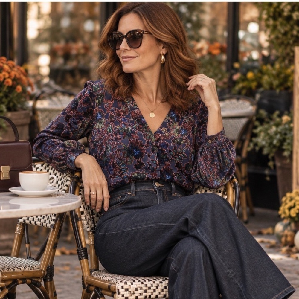 French Connection Blouse Womens 2 Blue Floral Velvet Burnout Sheer V-Neck Ruffle